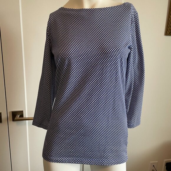 Jones New York Signature Boat Nk 3/4 Slv Polka Dot Cotton Blend Top Blue Wht S - Picture 2 of 12